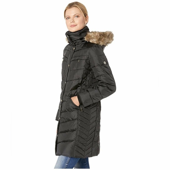 Michael Michael Kors Women Black Down Puffer Winter Coat Faux Fur Trim Hood PXXS - Picture 7 of 16